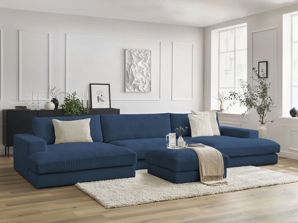 Produit similaire: Canapé panoramique fixe compact LEONARD velours côtelé avec pouf bleu foncé BOBOCHIC 5 places