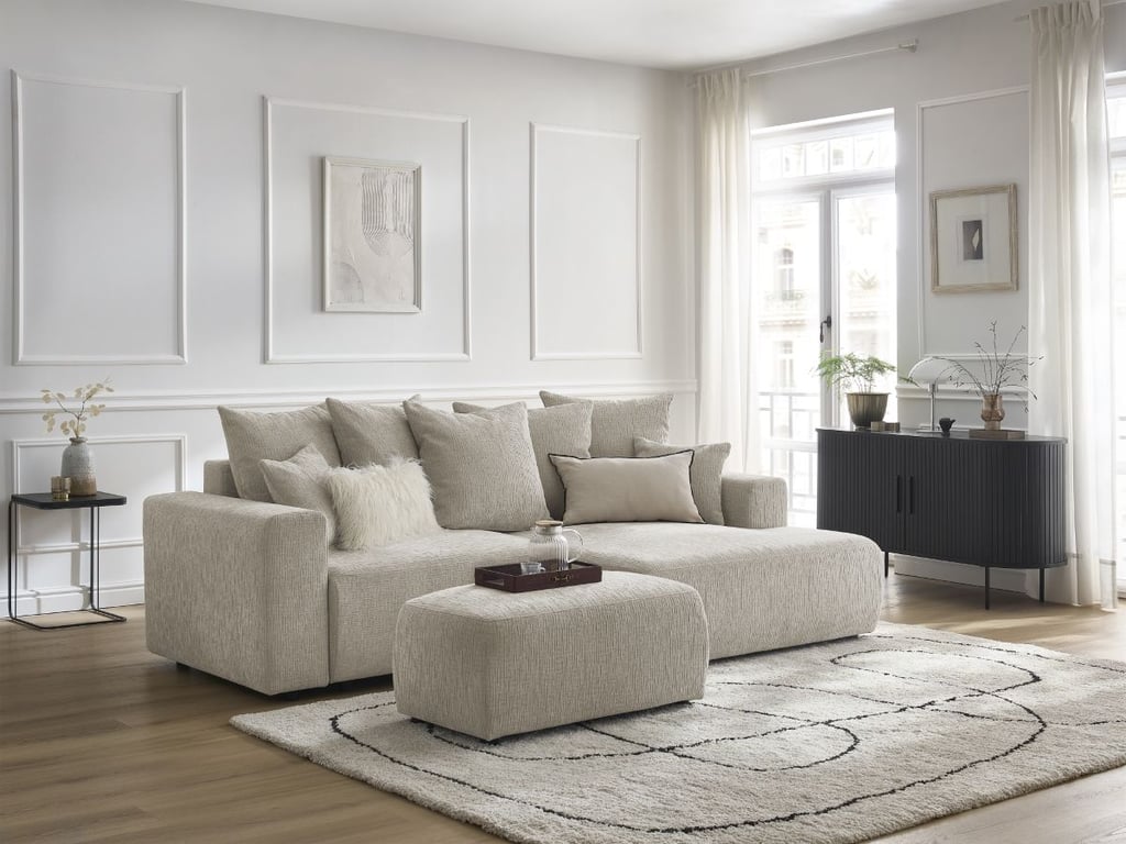 Produit similaire: Canapé d'angle convertible coffre ATILLA tissu texturé avec pouf beige angle droit BOBOCHIC 5 places