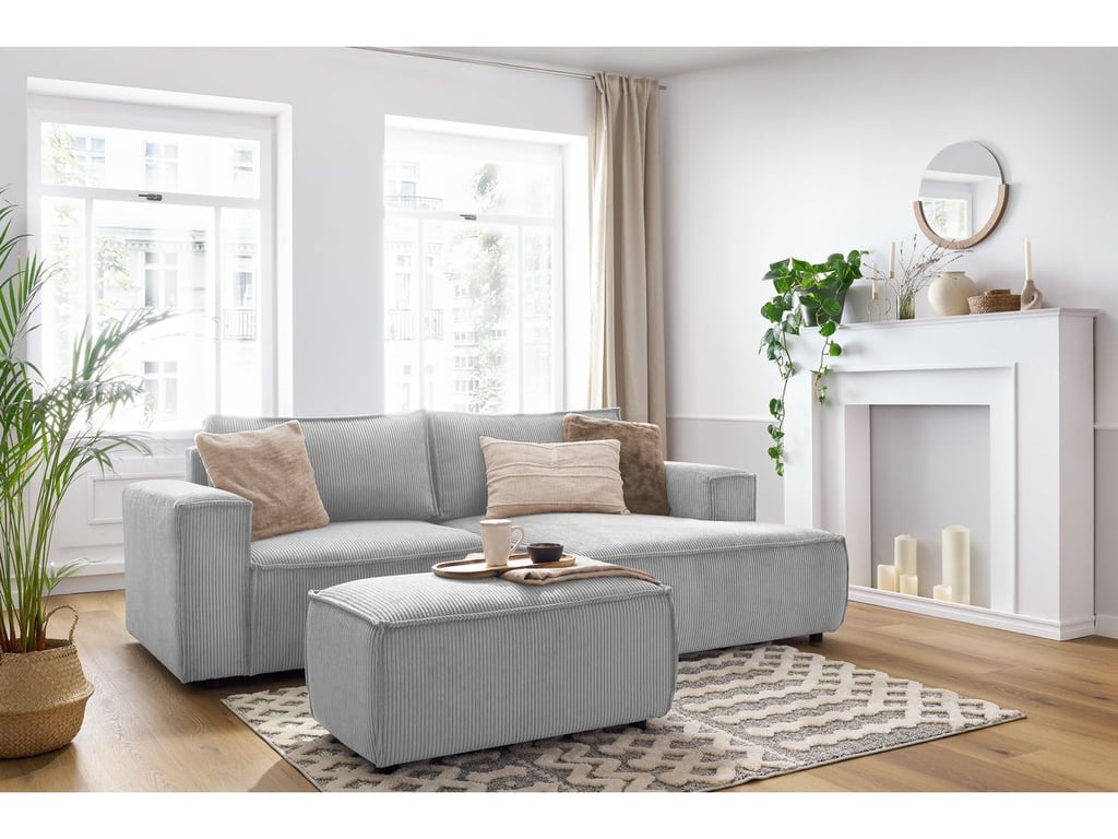 Produit similaire: Canapé d'angle fixe compact NIHAD velours côtelé avec pouf gris clair angle droit BOBOCHIC 3 places