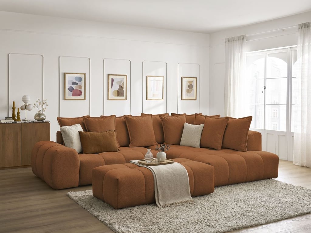 Produit similaire: Canapé d'angle L convertible coffre EVEREST tissu chiné avec pouf orange angle droit BOBOCHIC 4 places