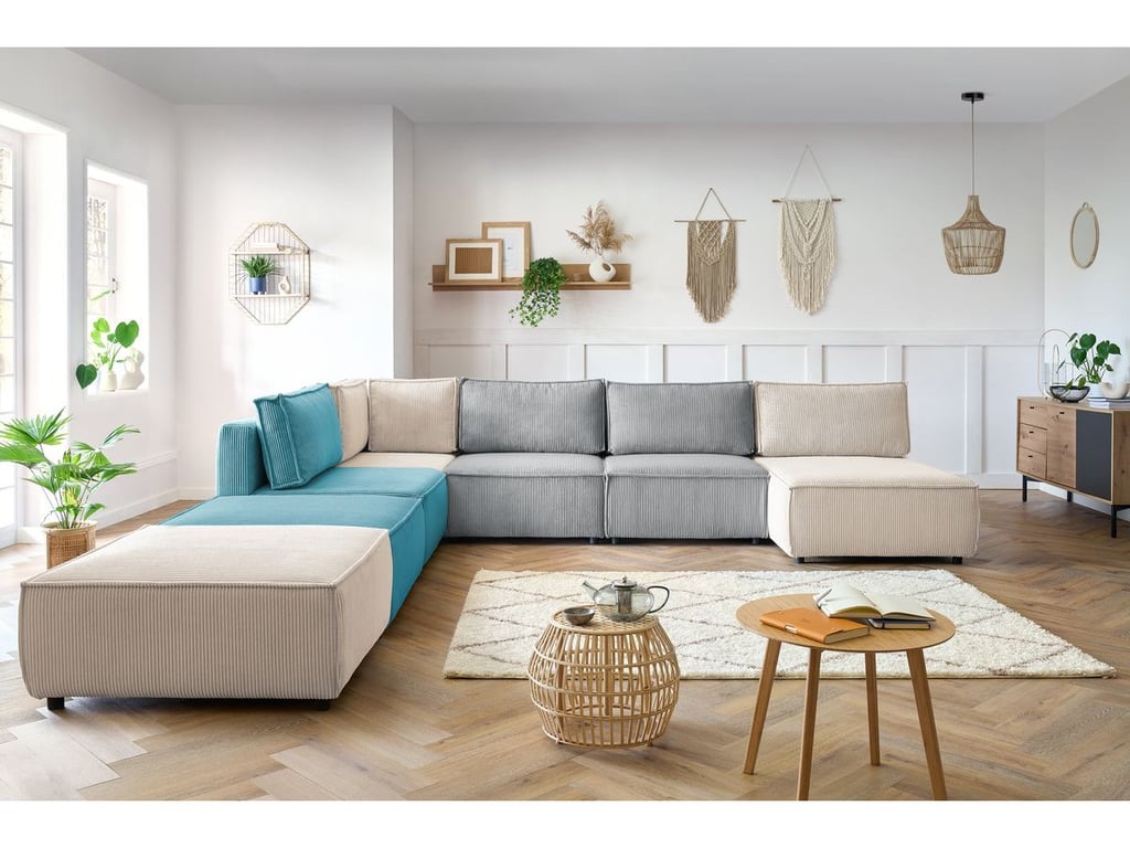 Produit similaire: Canapé panoramique fixe 100% modulable NIHAD tissu velours côtelé 3 chauffeuses, 1 angle, 1 méridienne et 2 multicolore panoramique BOBOCHIC 8 places