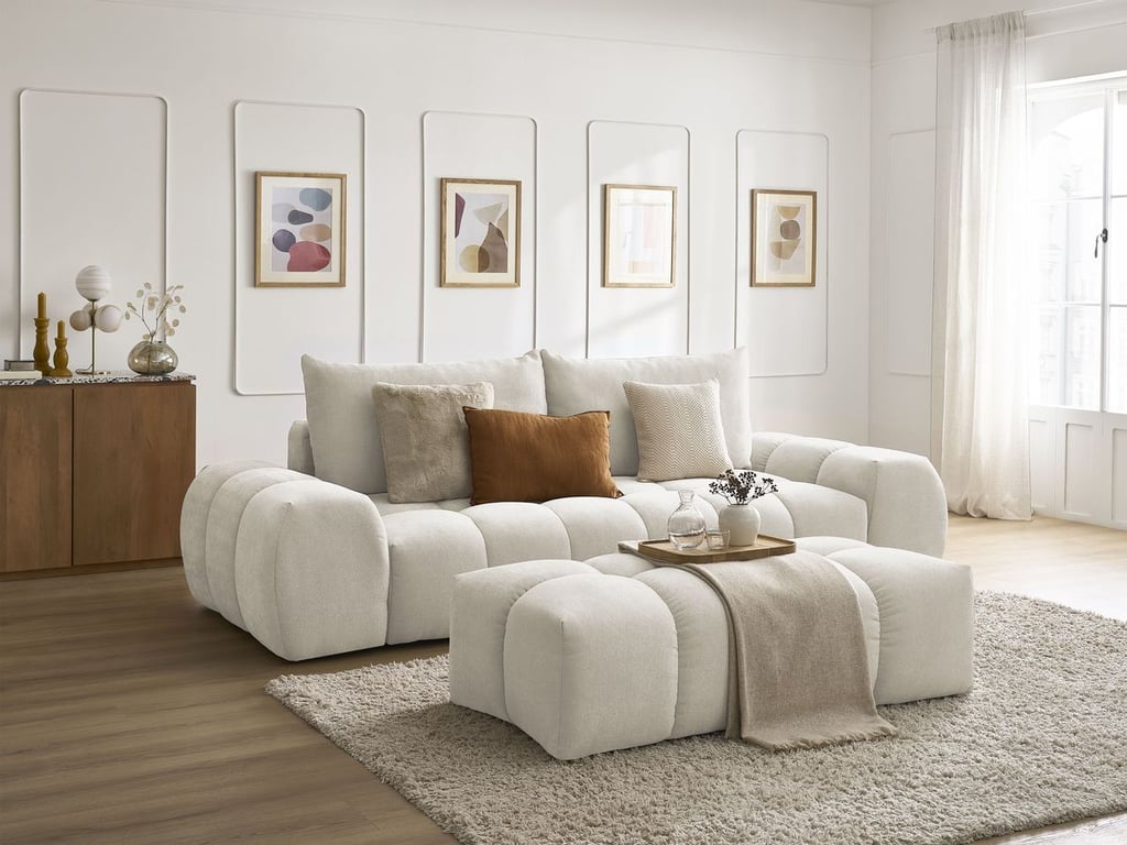 Produit similaire: Canapé droit convertible coffre EVEREST tissu texturé avec pouf beige BOBOCHIC 3 places