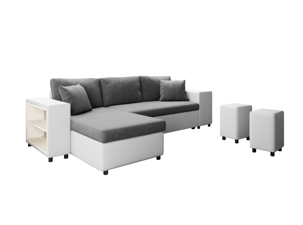 Canapé Mady - Angle convertible avec coffre, accoudoir étagère et poufs en simili et microfibre - Vue supplémentaire 1