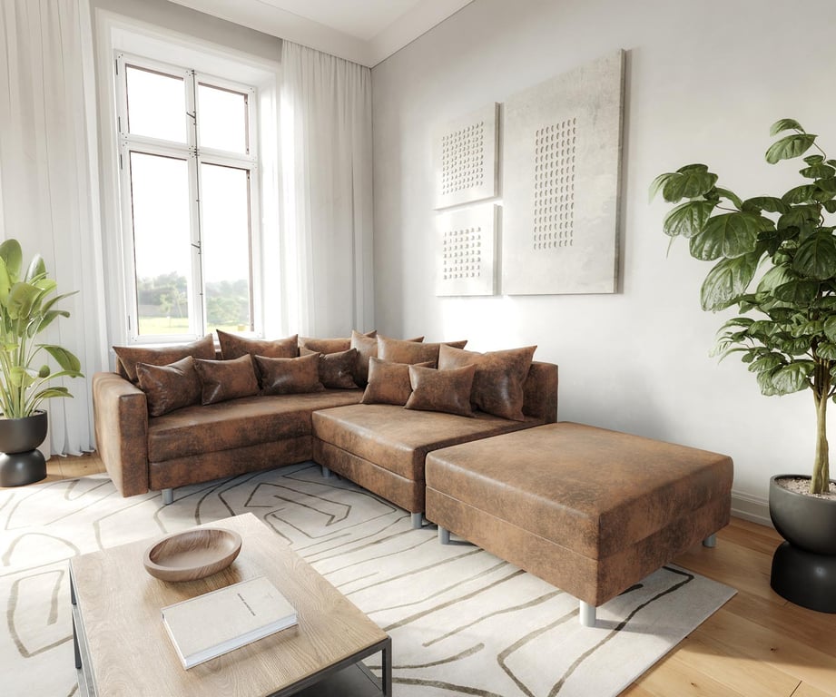 Produit similaire: Canapé-d'angle Clovis marron modulable look antique avec tabouret et accoudoirs poufs gauche