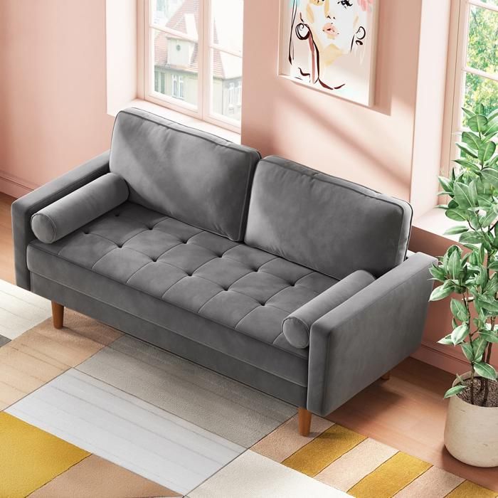Canapé Moderne en Velours Gris - 2 Places - Accoudoirs - Moelleux - 143x77x86cm
