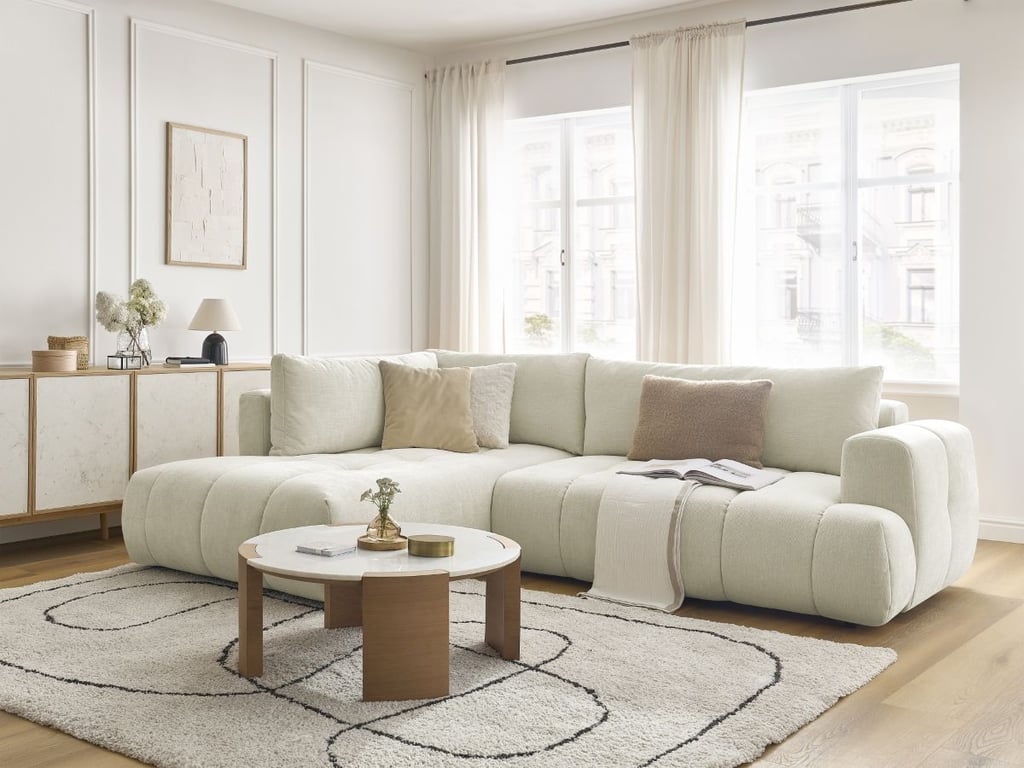 Canapé d'angle L convertible FUJI tissu lisse avec pouf beige  angle gauche BOBOCHIC 4 places