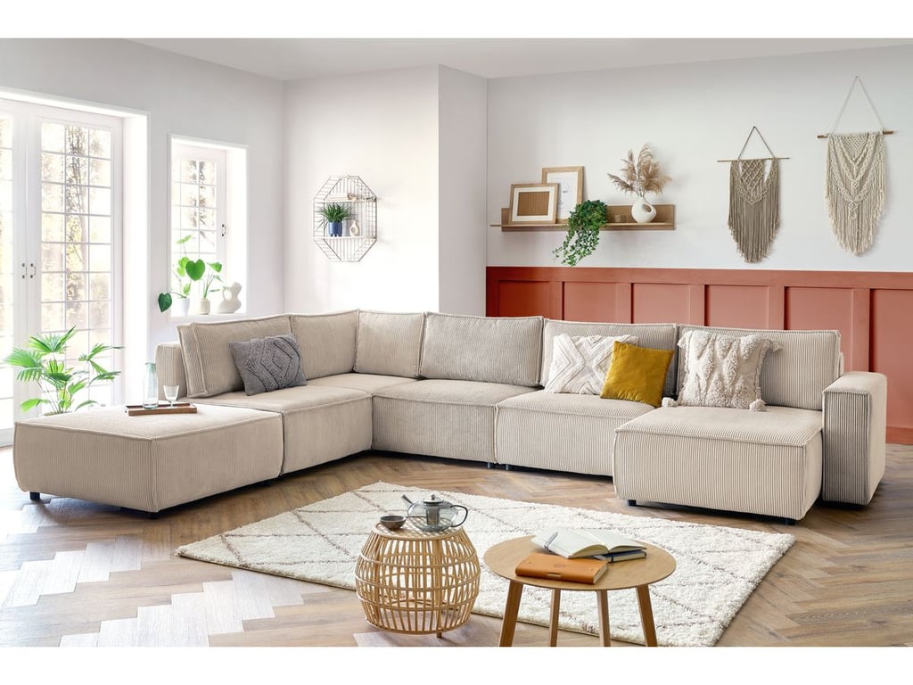 Produit similaire: Canapé d'angle fixe modulable XL NIHAD tissu velours côtelé avec pouf beige angle droit BOBOCHIC 7 places