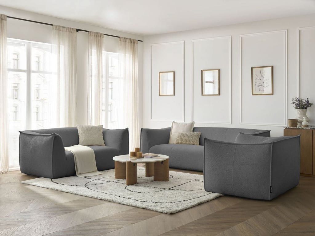 Produit similaire: Ensemble canapé droit fixe 3 + 2 places + fauteuil GIORGIA tissu bouclette gris foncé BOBOCHIC