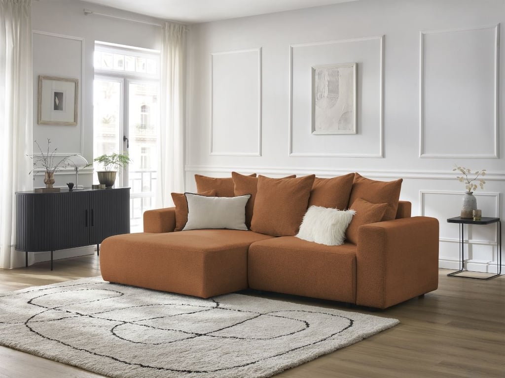 Produit similaire: Canapé d'angle convertible coffre ATILLA tissu chiné orange angle gauche BOBOCHIC 4 places