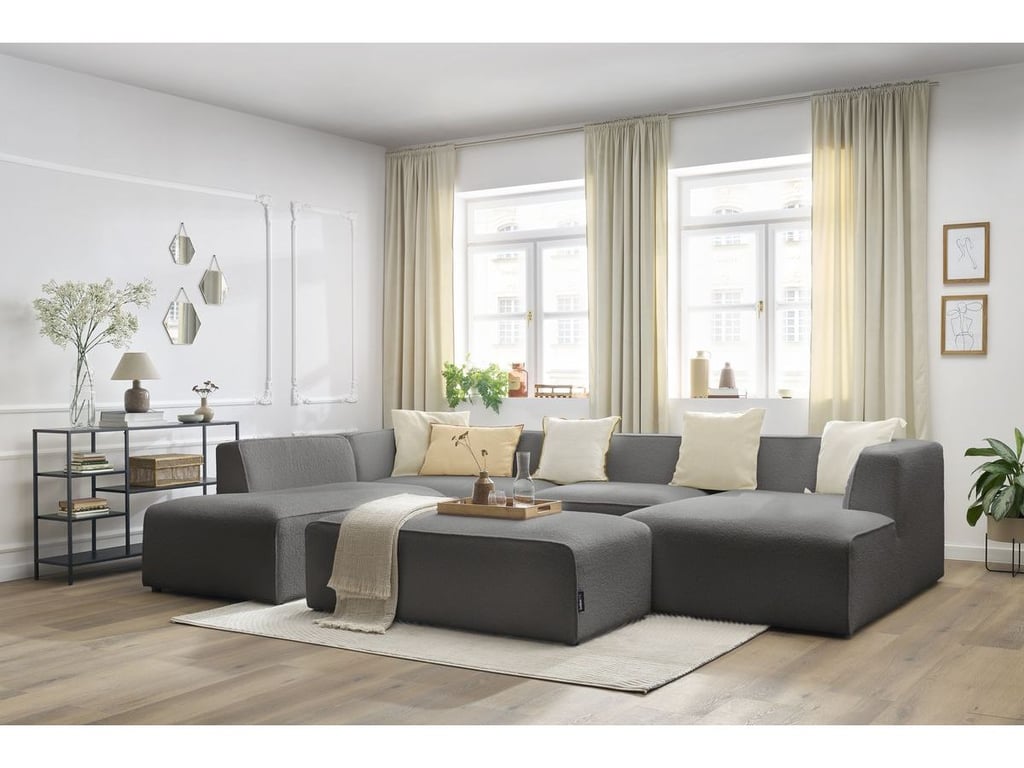 Produit similaire: Canapé panoramique fixe MEGEVE avec pouf tissu bouclette gris foncé angle droit BOBOCHIC 6 places