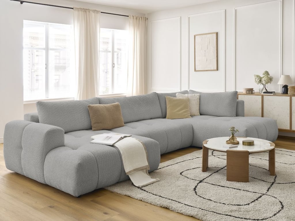 Produit similaire: Canapé d'angle panoramique convertible FUJI tissu bouclette gris clair angle gauche BOBOCHIC 5 places