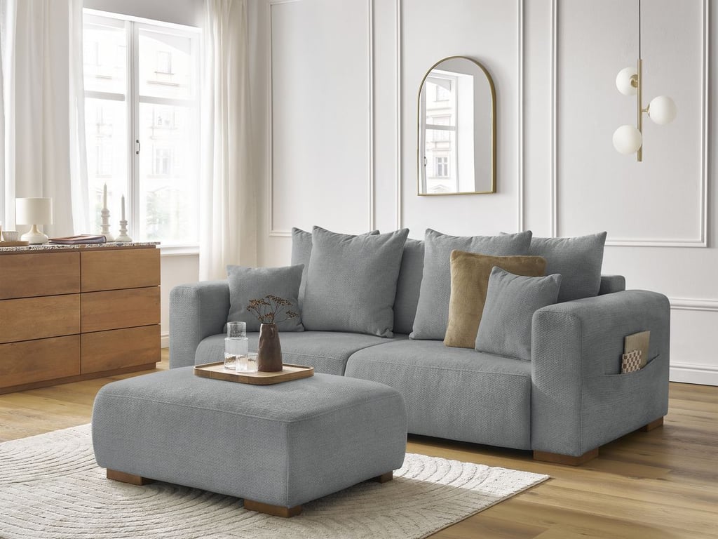 Produit similaire: Canapé droit fixe 3 places SIDONIE tissu chiné avec pouf gris foncé BOBOCHIC