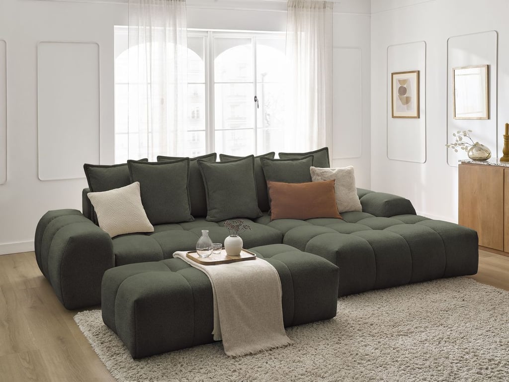 Produit similaire: Canapé d'angle convertible coffre EVEREST tissu chiné avec pouf vert angle droit BOBOCHIC 4 places