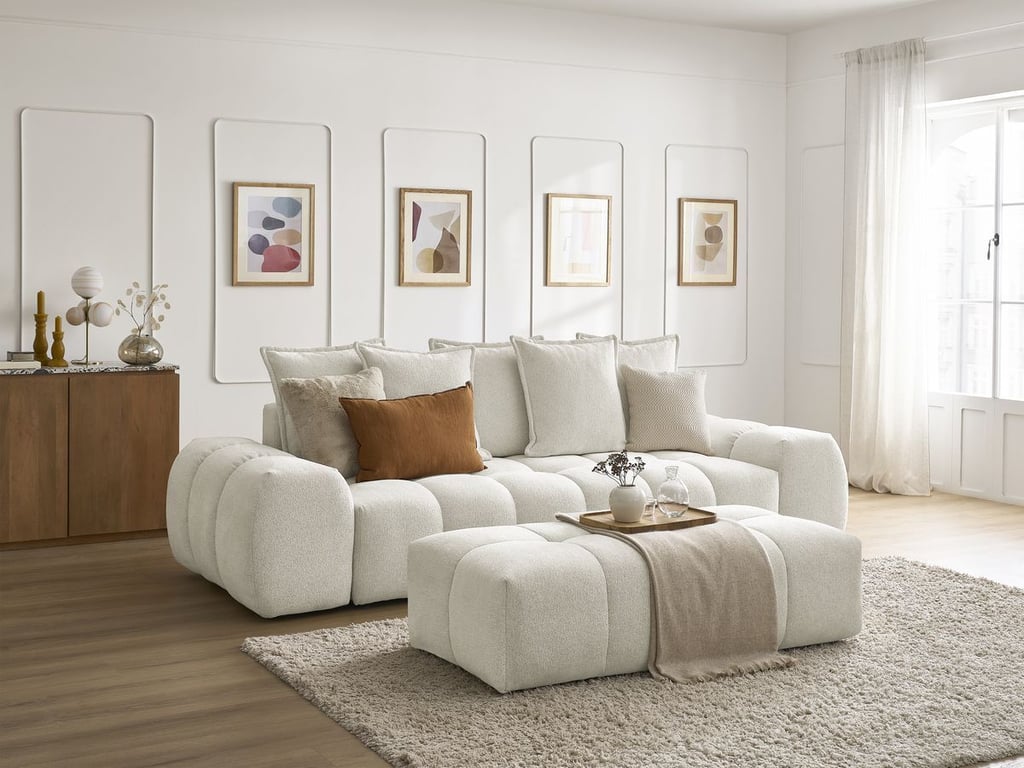 Produit similaire: Canapé droit convertible coffre EVEREST tissu chiné avec pouf blanc BOBOCHIC 3 places
