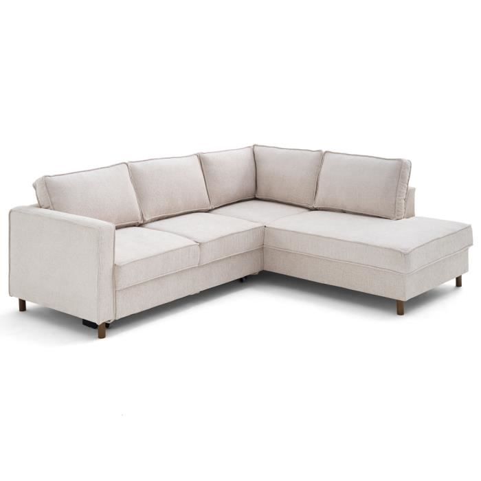 Produit similaire: Jake - canapé d'angle droit 5 places convertible en tissu velours relief - Beige