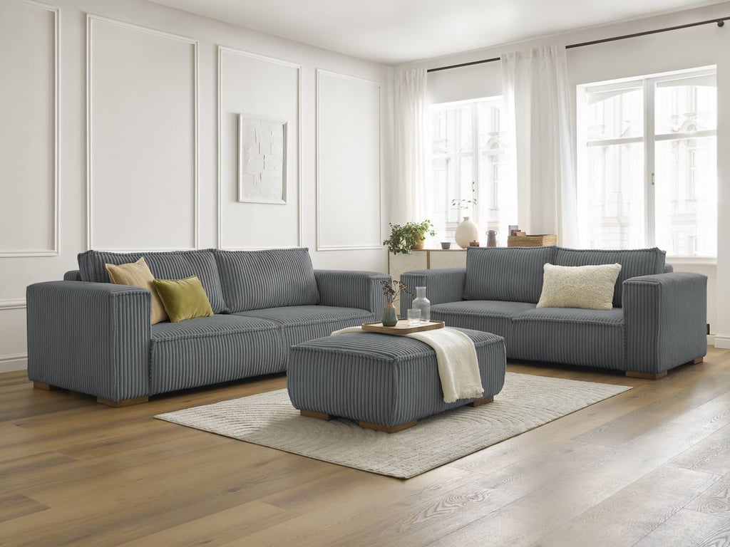 Produit similaire: Ensemble canapé droit fixe 3 + 2 places CHELSEA gros velours côtelé avec pouf gris foncé BOBOCHIC