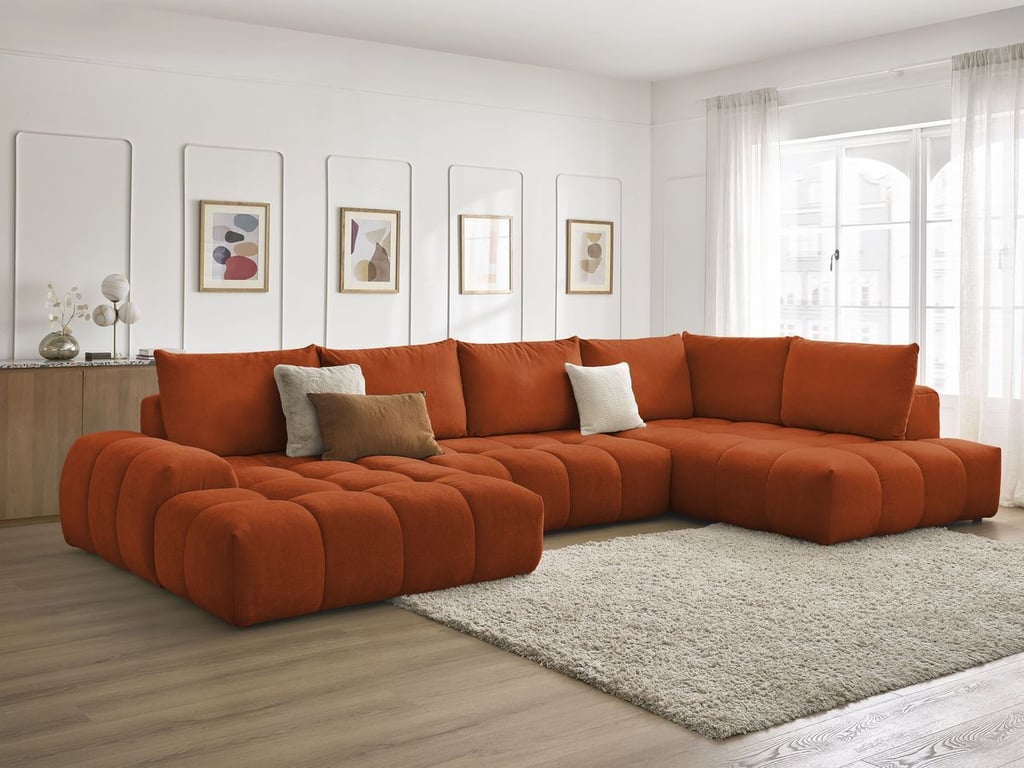 Produit similaire: Canapé panoramique convertible coffre EVEREST tissu texturé orange angle gauche BOBOCHIC 6 places