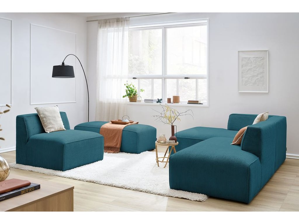 Produit similaire: Canapé d'angle fixe modulable MEGEVE tissu velours côtelé avec 1 chauffeuse et 1 pouf bleu foncé angle gauche BOBOCHIC 6 places