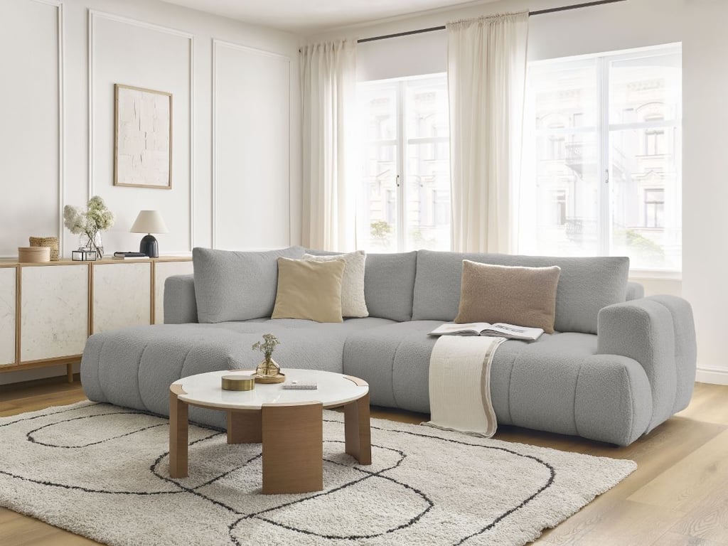 Produit similaire: Canapé d'angle L convertible FUJI tissu bouclette gris clair angle gauche BOBOCHIC 4 places