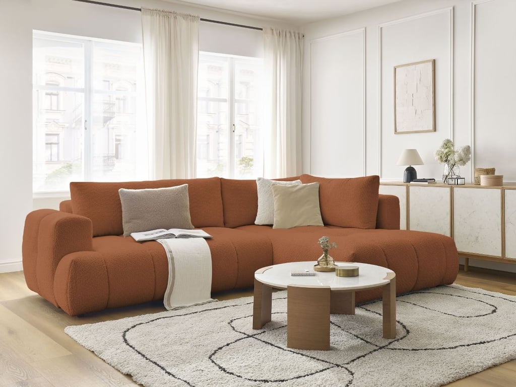 Produit similaire: Canapé d'angle L convertible FUJI tissu bouclette orange angle droit BOBOCHIC 4 places