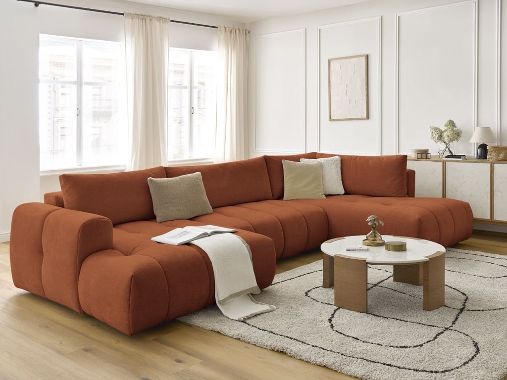 Produit similaire: Canapé d'angle panoramique convertible FUJI tissu lisse orange angle gauche BOBOCHIC 5 places