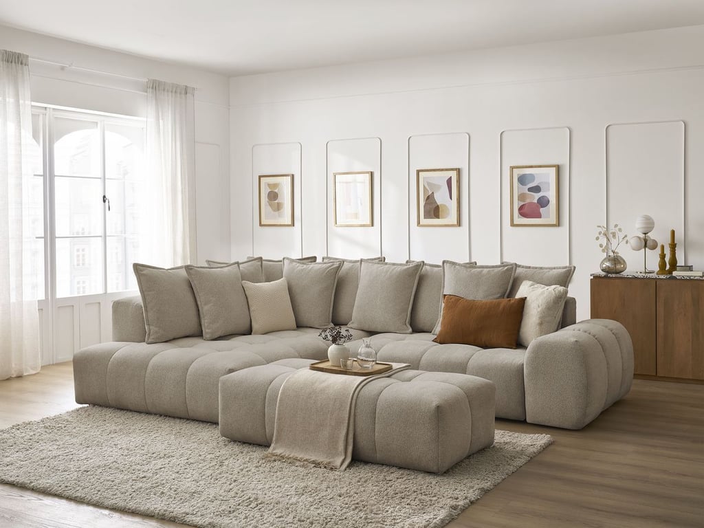 Produit similaire: Canapé d'angle L convertible coffre EVEREST tissu chiné avec pouf taupe angle gauche BOBOCHIC 4 places