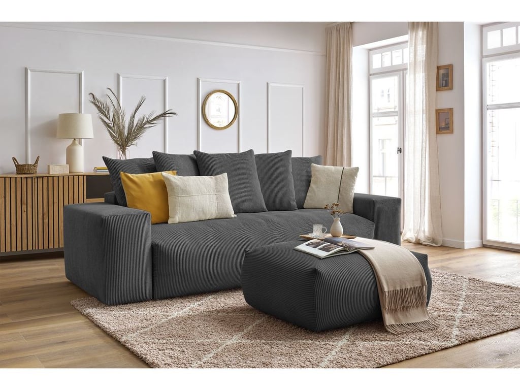 Produit similaire: Canapé droit convertible coffre VOLTAIRE avec pouf gris foncé BOBOCHIC 4 places