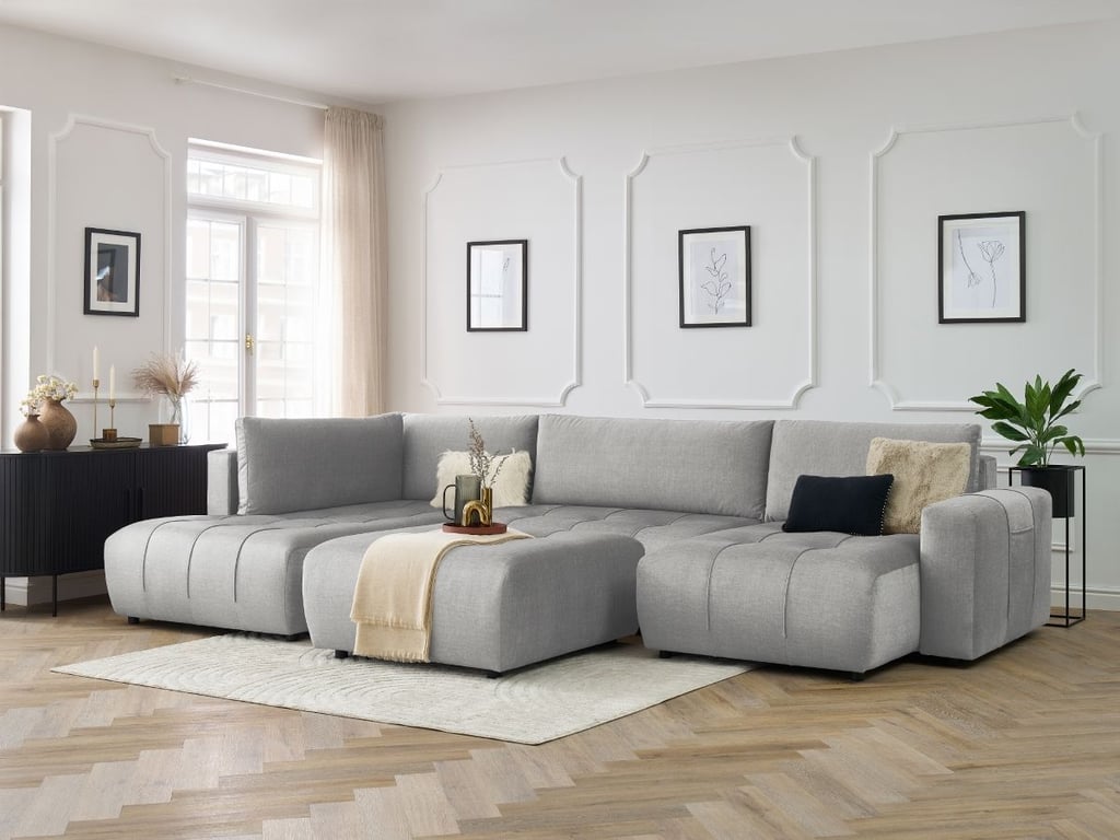 Produit similaire: Canapé panoramique convertible coffre ARSENE tissu velours avec pouf gris clair angle droit BOBOCHIC 6 places