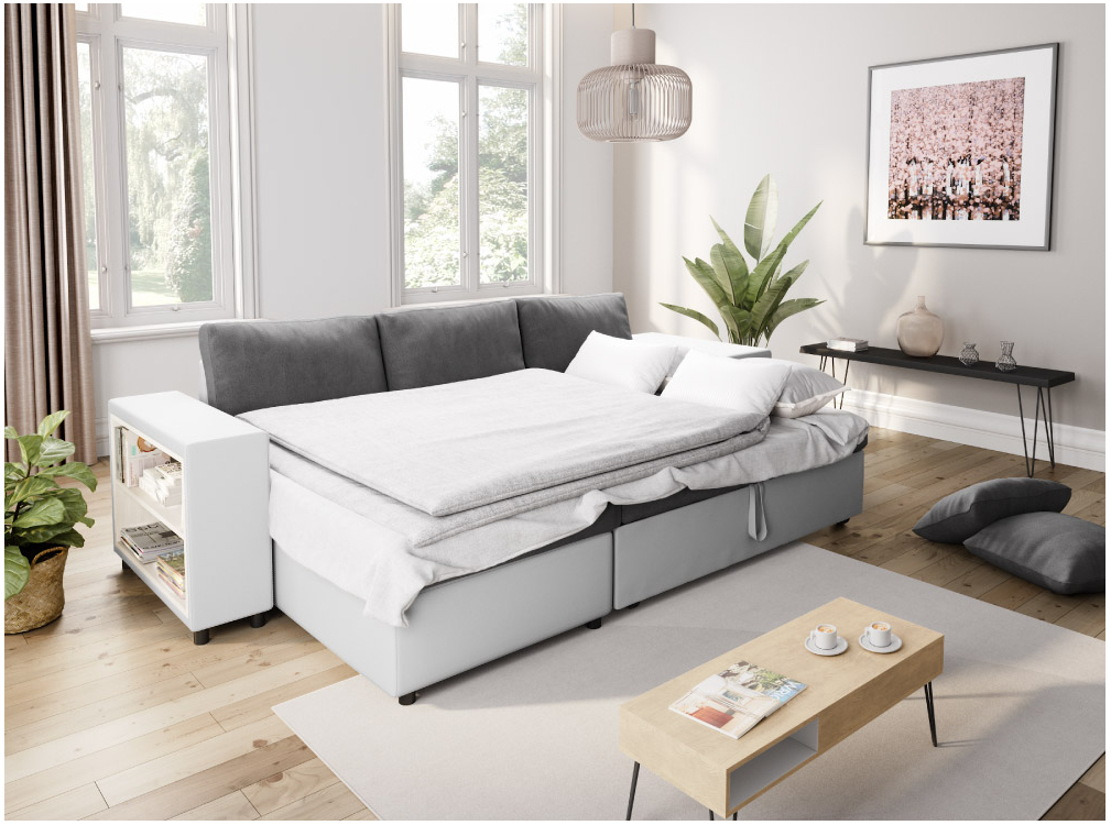 Canapé Mady - Angle convertible avec coffre, accoudoir étagère et poufs en simili et microfibre - Vue supplémentaire 2