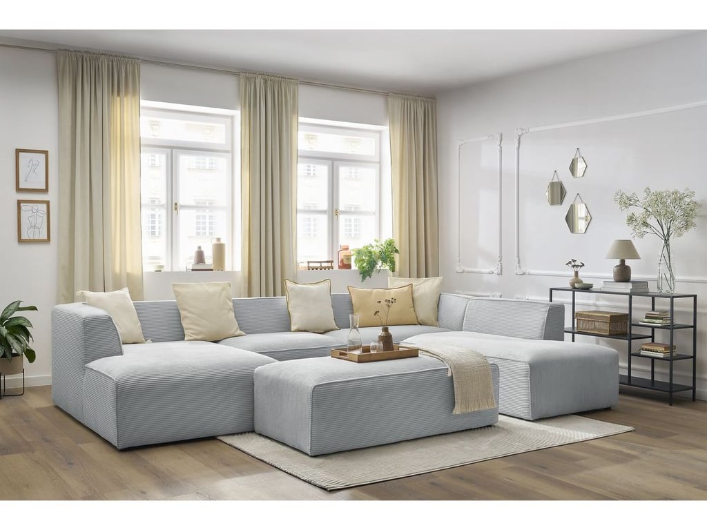 Produit similaire: Canapé panoramique fixe MEGEVE avec pouf tissu velours côtelé gris clair angle gauche BOBOCHIC 6 places