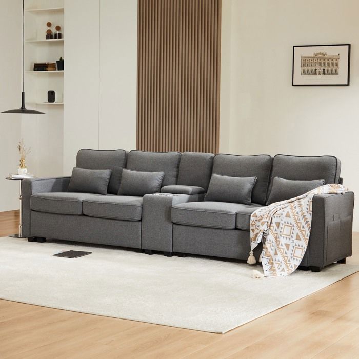Produit similaire: Canapé Simple et Moderne 4 Places en Lin avec Console, 2 Porte-gobelets,2 Ports USB avec Poches pour Bras et 4 Coussins,Gris foncé