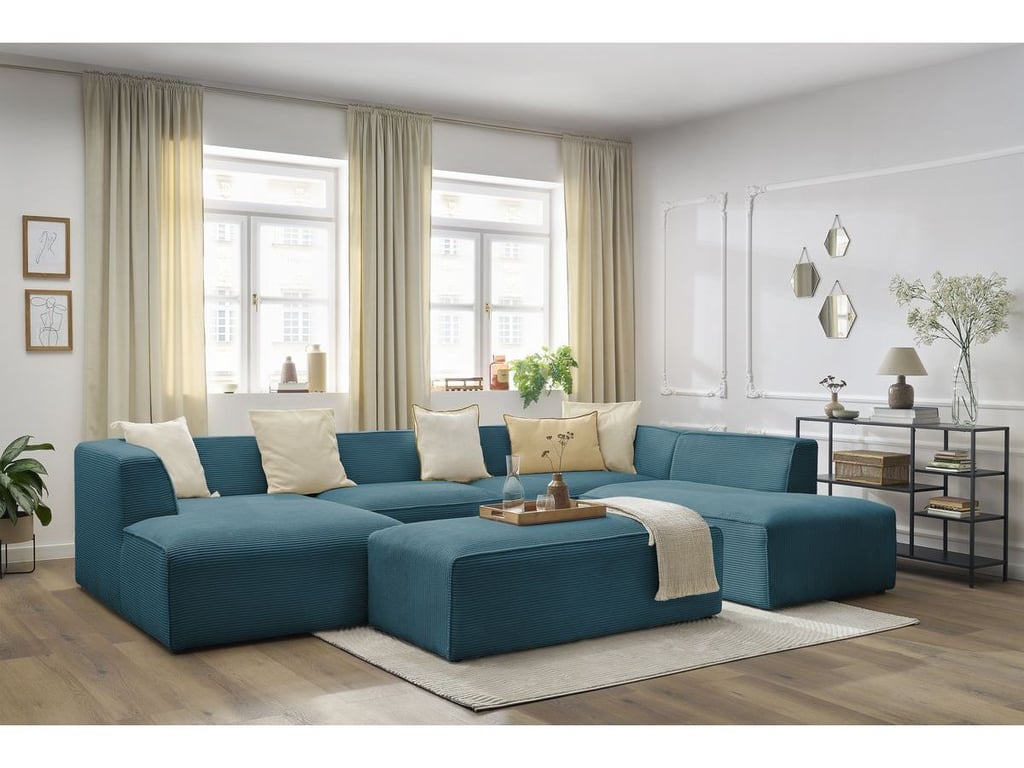 Produit similaire: Canapé panoramique fixe MEGEVE avec pouf tissu velours côtelé bleu foncé angle gauche BOBOCHIC 6 places
