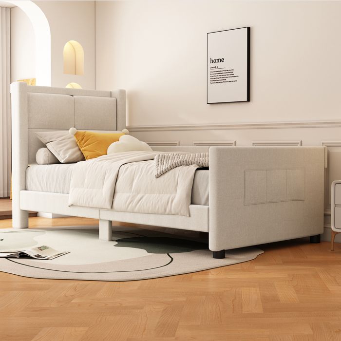 Lit simple banquette 90x200 cm - avec USB - tissu en lin - Beige