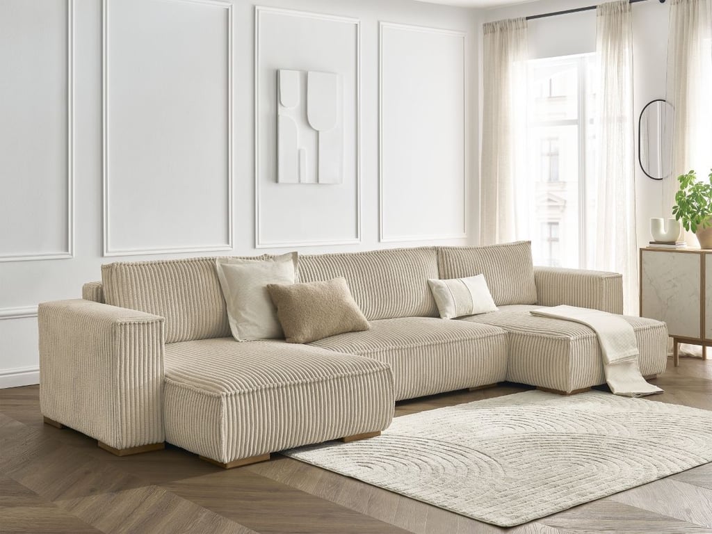 Produit similaire: Canapé panoramique convertible coffre CHELSEA gros côtelé doux taupe BOBOCHIC 4 places