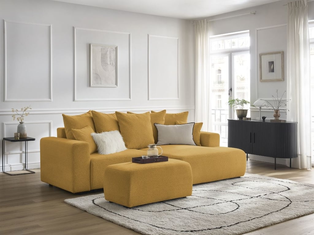 Produit similaire: Canapé d'angle convertible coffre ATILLA tissu chiné avec pouf jaune angle droit BOBOCHIC 5 places