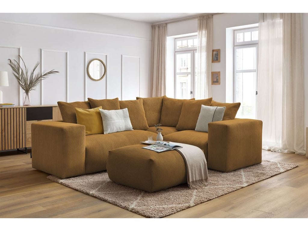 Produit similaire: Canapé d'angle fixe modulable VOLTAIRE avec 1 chauffeuse 2 places, 1 angle, 1 chauffeuse 1 place et 1 pouf jaune angle droit BOBOCHIC 5 places