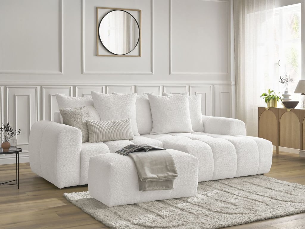 Produit similaire: Canapé d'angle convertible coffre ROXELANE tissu bouclette avec pouf blanc angle droit BOBOCHIC 3 places