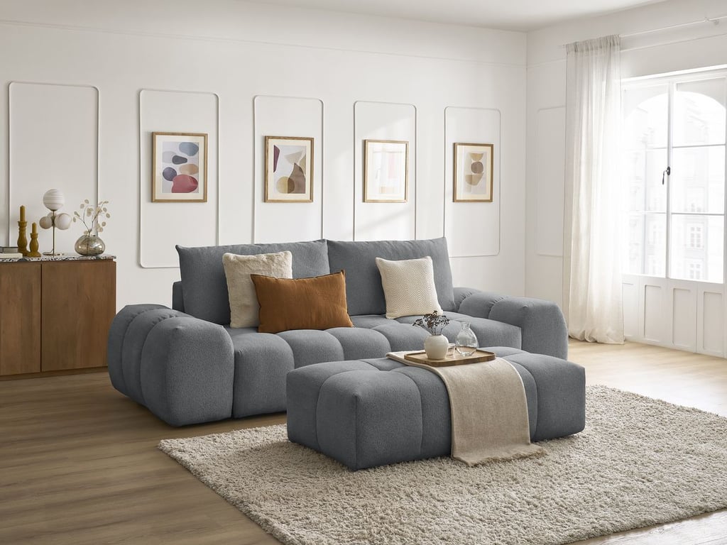 Produit similaire: Canapé droit fixe 3 places EVEREST tissu chiné avec pouf gris foncé BOBOCHIC