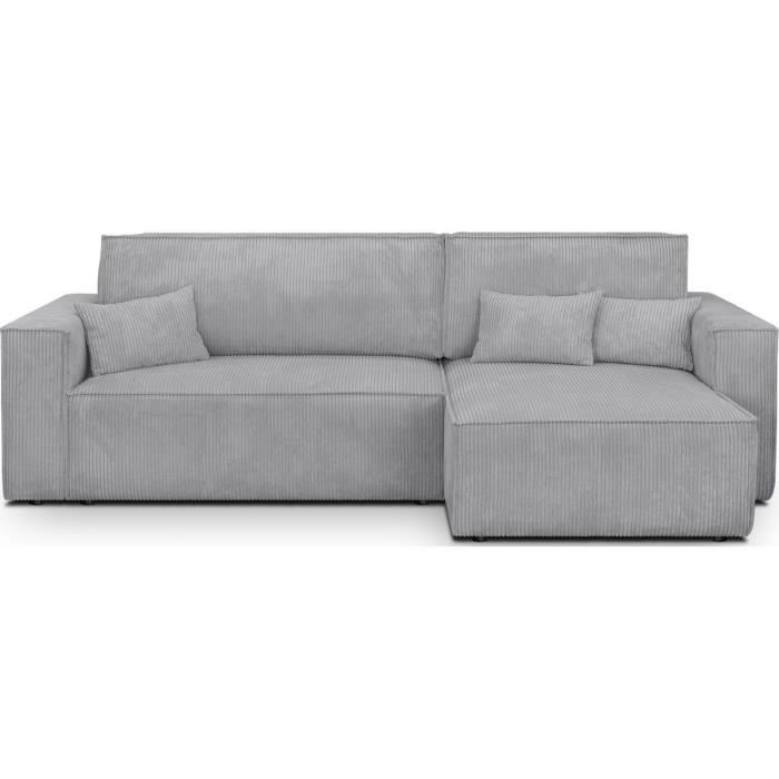 Produit similaire: Canapé d'angle convertible réversible 4 places avec coffre de rangement en velours côtelé gris clair - Livia