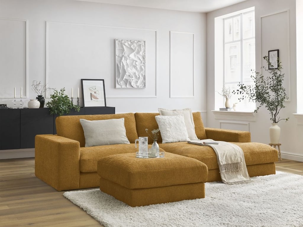 Produit similaire: Canapé d'angle fixe compact LEONARD tissu texturé avec pouf jaune angle droit BOBOCHIC 4 places