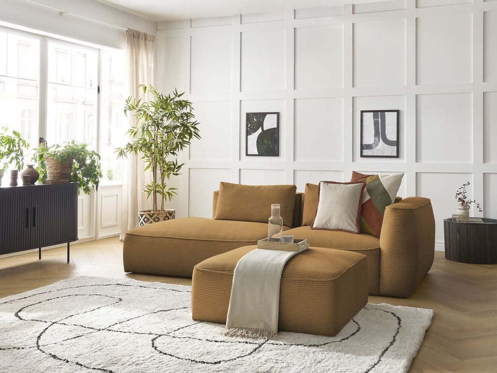 Produit similaire: Canapé droit fixe 3 places LEOPOLD velours côtelé avec pouf jaune accoudoir droit BOBOCHIC