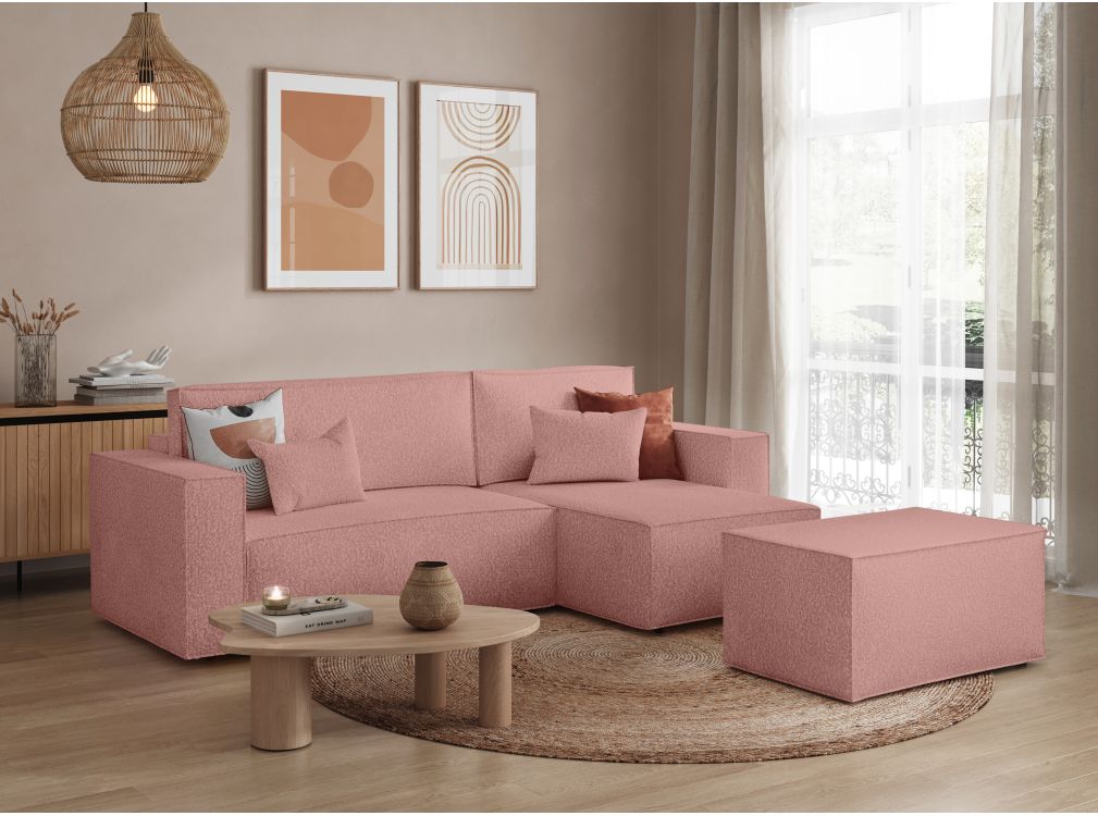 Produit similaire: PACK - CLARISSE - Canapé d'angle convertible réversible avec pouf en tissu bouclette
