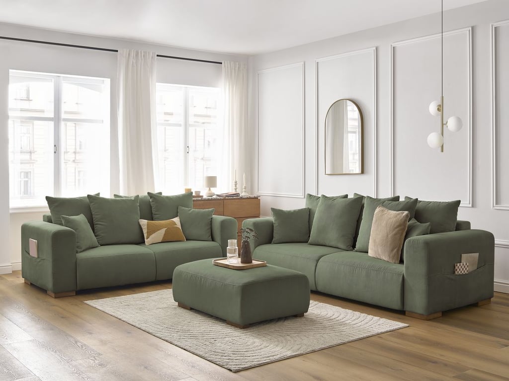 Ensemble canapé droit fixe 3 + 2 places SIDONIE velours côtelé avec pouf vert   BOBOCHIC