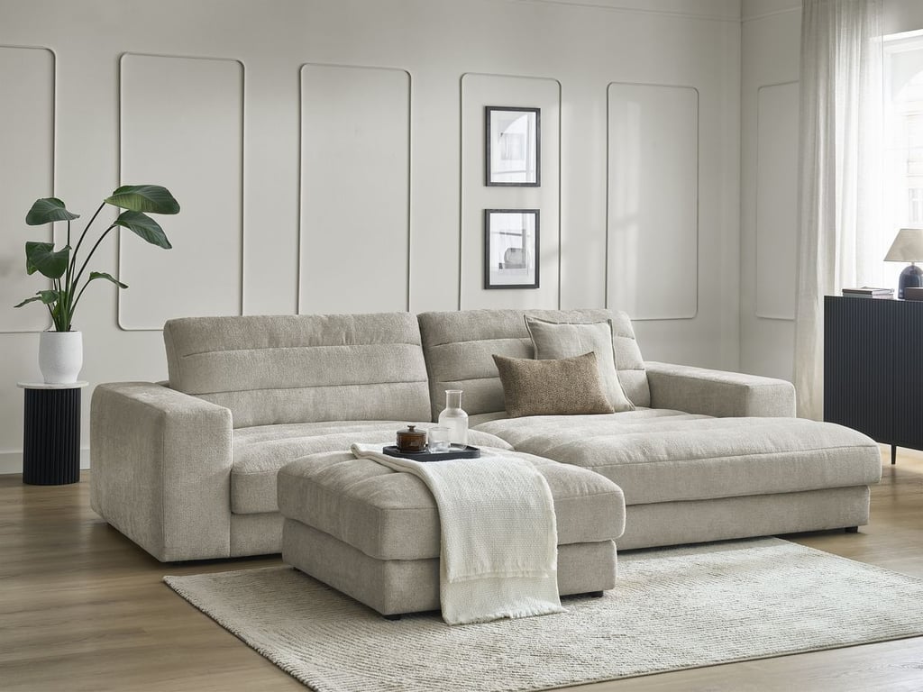 Produit similaire: Canapé d'angle fixe SIERRA tissu texturé avec pouf taupe angle droit BOBOCHIC 4 places