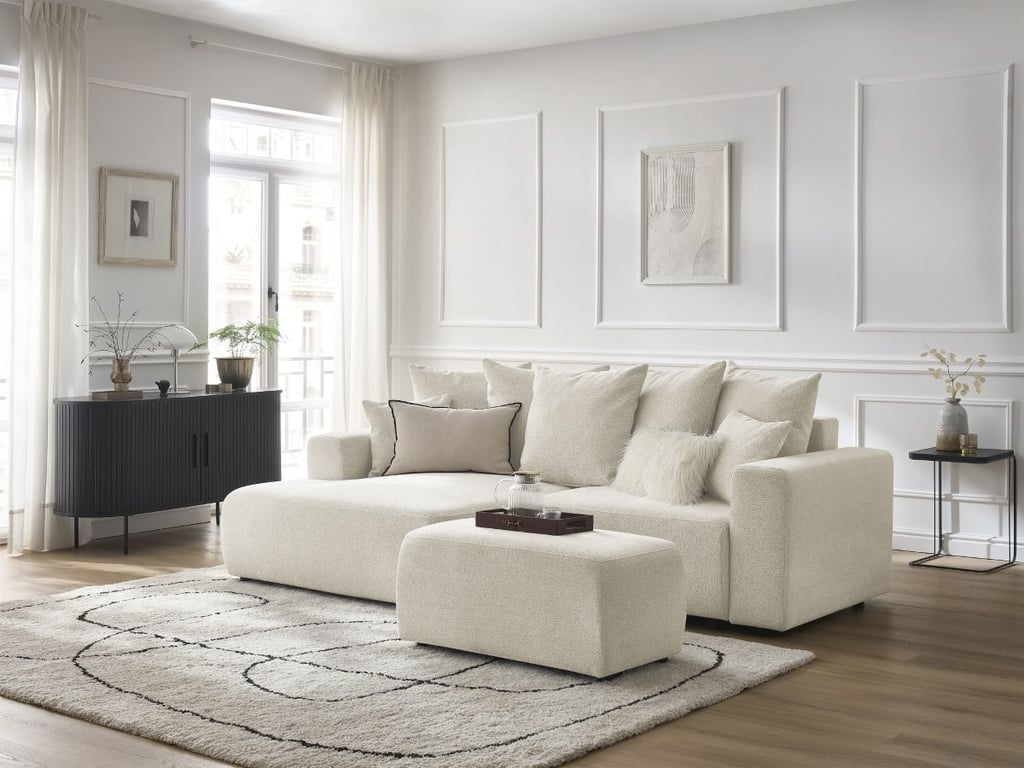 Produit similaire: Canapé d'angle convertible coffre ATILLA tissu chiné avec pouf blanc angle gauche BOBOCHIC 5 places