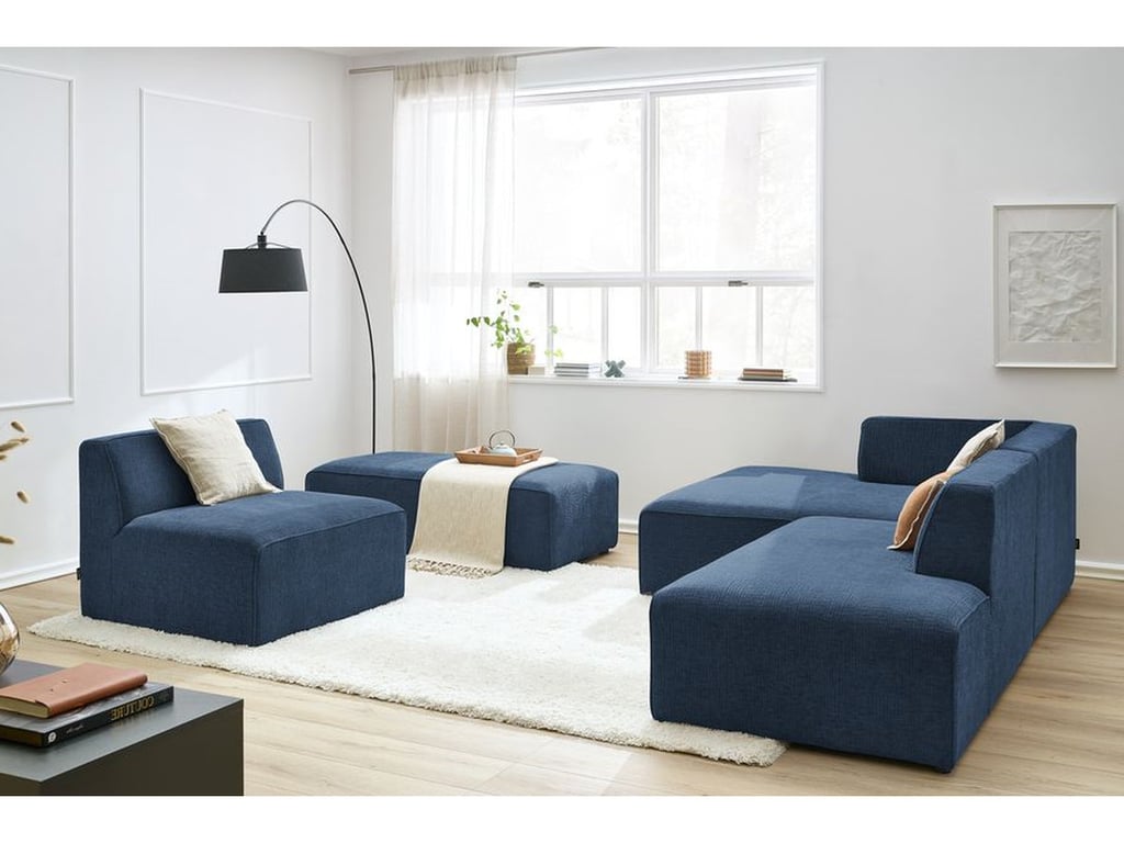 Produit similaire: Canapé d'angle fixe modulable MEGEVE tissu texturé avec 1 chauffeuse et 1 pouf bleu foncé angle gauche BOBOCHIC 6 places