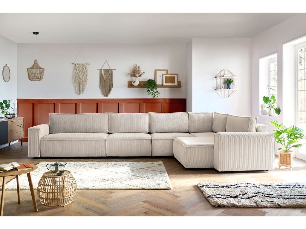 Produit similaire: Canapé d'angle fixe modulable XL NIHAD tissu velours côtelé avec chauffeuse 2 places beige angle droit BOBOCHIC 6 places