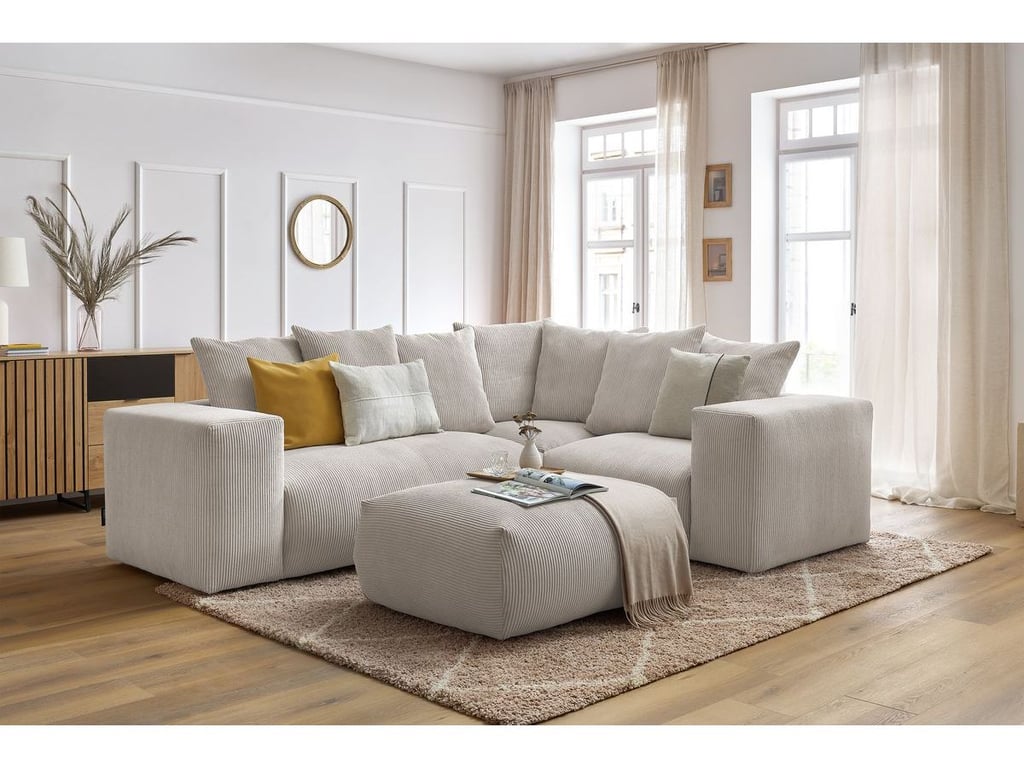 Produit similaire: Canapé d'angle fixe modulable VOLTAIRE avec 1 chauffeuse 2 places, 1 angle, 1 chauffeuse 1 place et 1 pouf beige angle droit BOBOCHIC 5 places