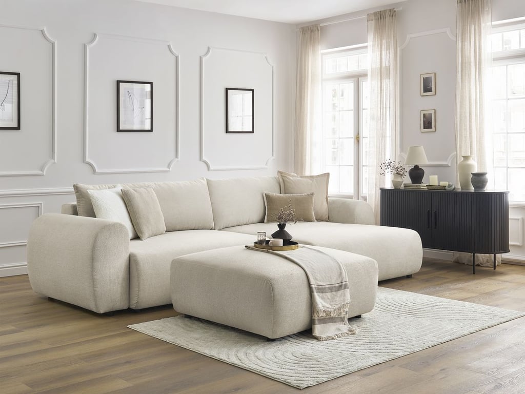 Produit similaire: Canapé d'angle convertible coffre LUCIEN tissu lisse avec pouf beige angle droit BOBOCHIC 5 places