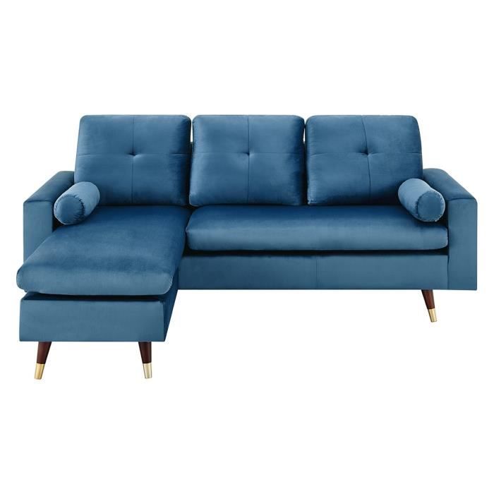 Produit similaire: Canapé d'angle fixe réversible - 3 places - Tissu bleu - Pieds bois et doré - L 194 x P 139 x H 83 - NEW YORK